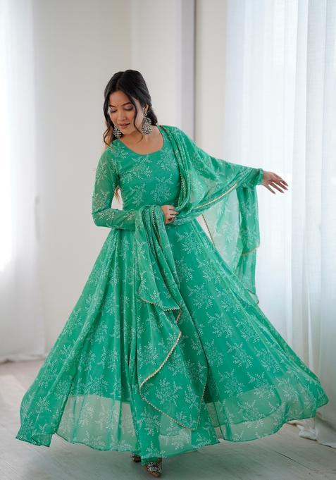 Green Printed Georgette Gown With Dupatta