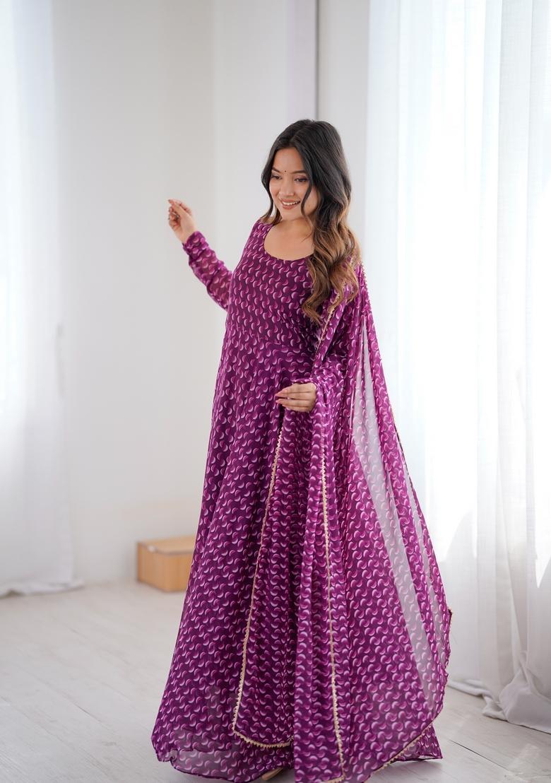 Purple Printed Georgette Gown With Dupatta - Indya