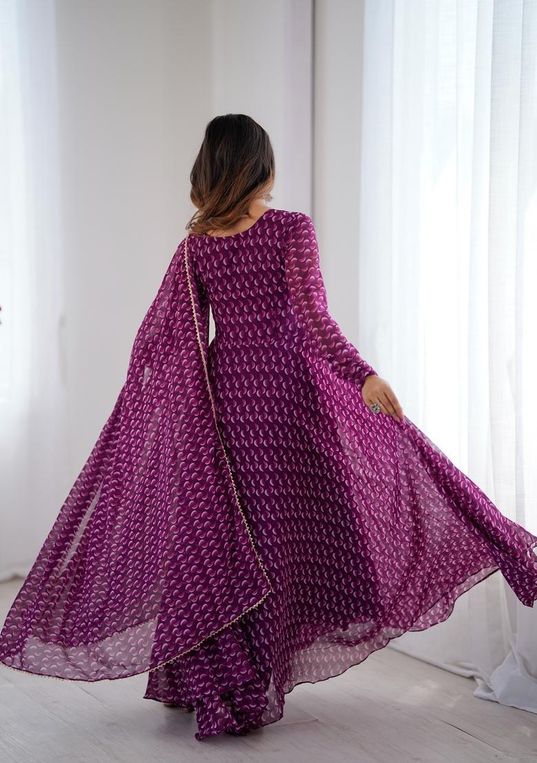 Purple Printed Georgette Gown With Dupatta - Indya