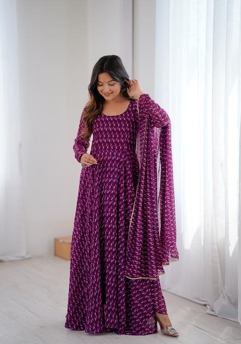 Purple Printed Georgette Gown With Dupatta