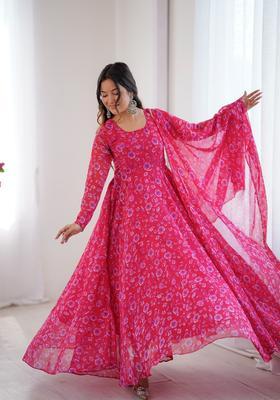 Pink Printed Georgette Gown With Dupatta