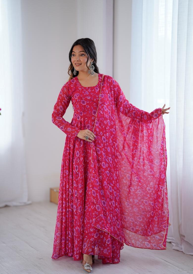 Pink Printed Georgette Gown With Dupatta - Indya