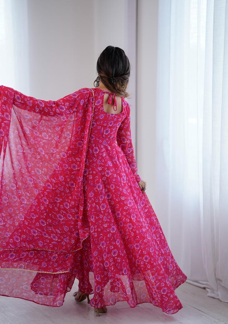 Pink Printed Georgette Gown With Dupatta - Indya
