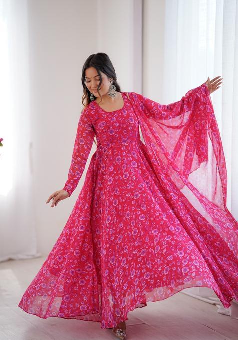 Pink Printed Georgette Gown With Dupatta
