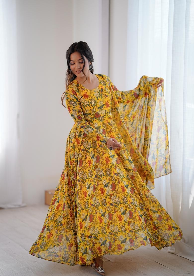 Yellow Printed Georgette Gown With Dupatta - Indya