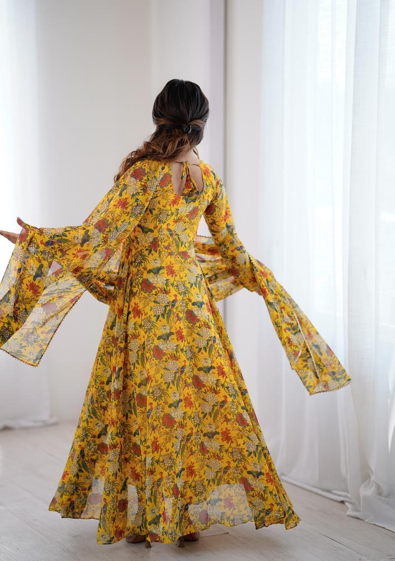 Yellow Printed Georgette Gown With Dupatta - Indya