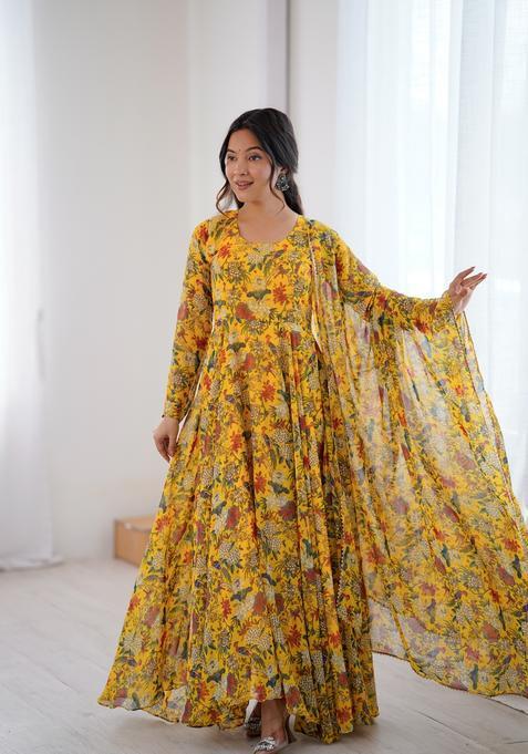 Yellow Printed Georgette Gown With Dupatta