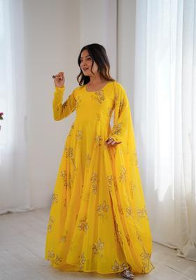 Yellow Printed Georgette Gown With Dupatta