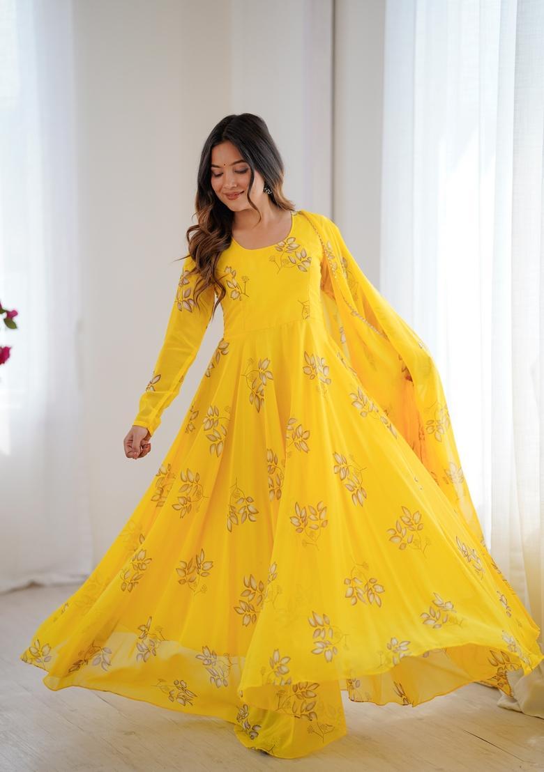 Yellow Printed Georgette Gown With Dupatta - Indya