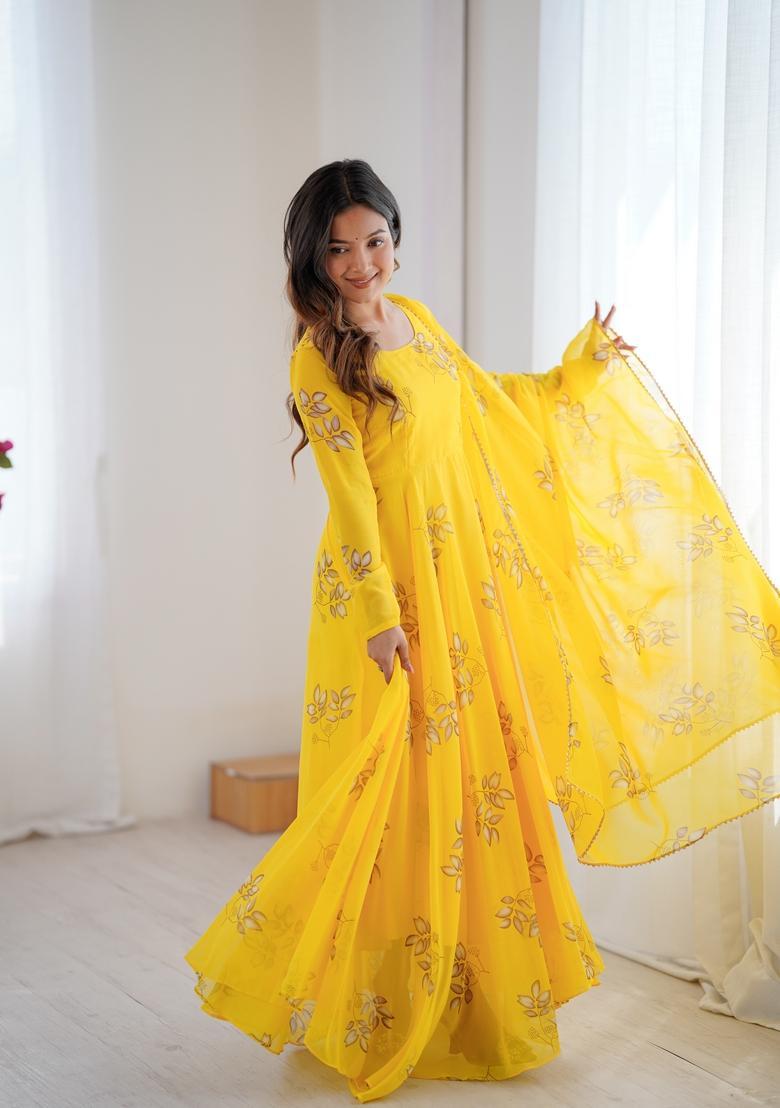 Yellow Printed Georgette Gown With Dupatta - Indya