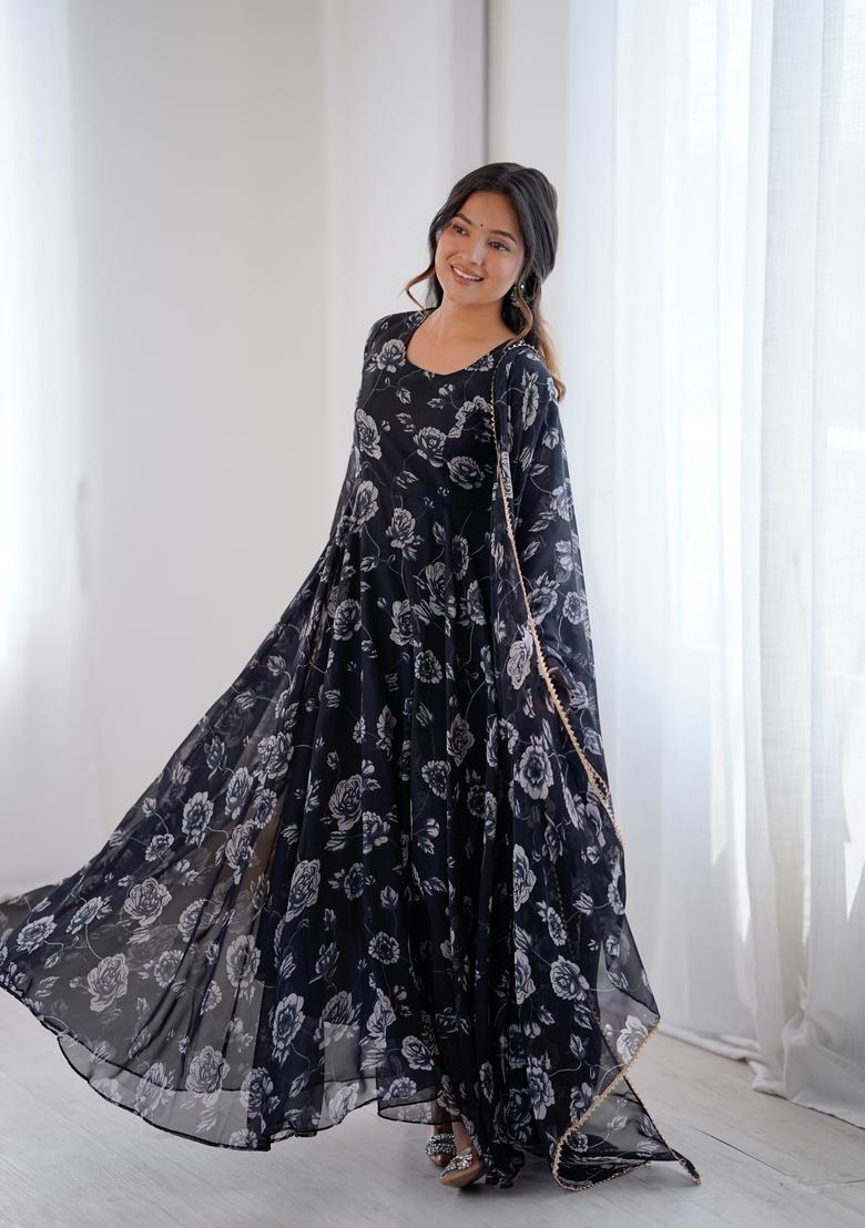 Black Printed Georgette Gown With Dupatta - Indya
