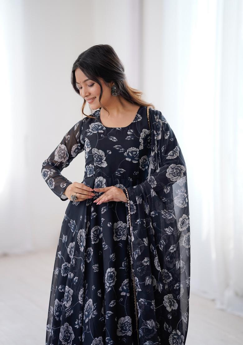 Black Printed Georgette Gown With Dupatta - Indya