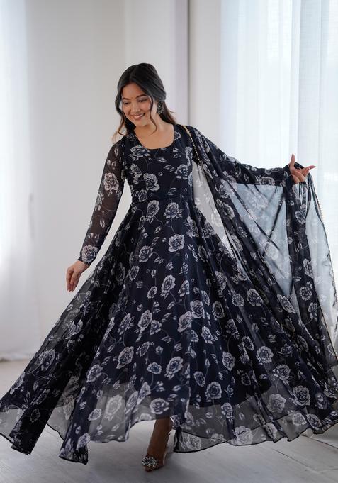 Black Printed Georgette Gown With Dupatta