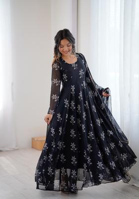 Black Printed Georgette Gown With Dupatta