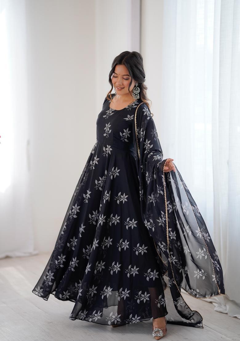 Black Printed Georgette Gown With Dupatta - Indya