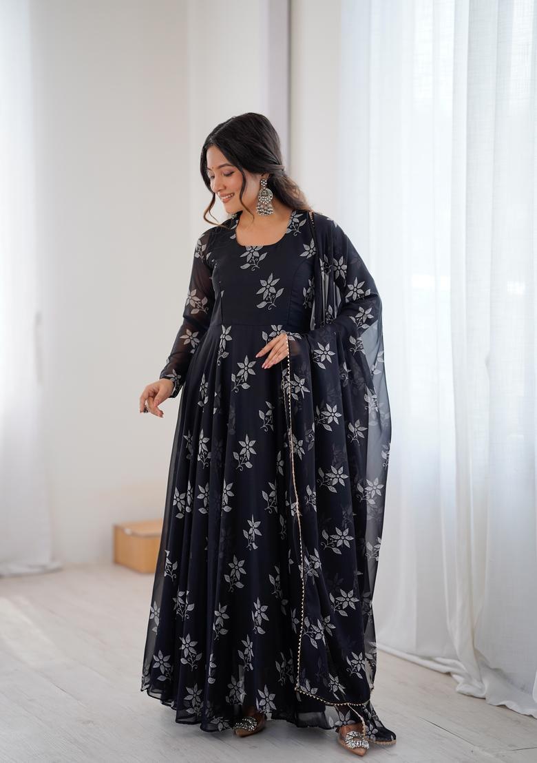 Black Printed Georgette Gown With Dupatta - Indya