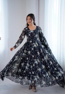 Black Printed Georgette Gown With Dupatta