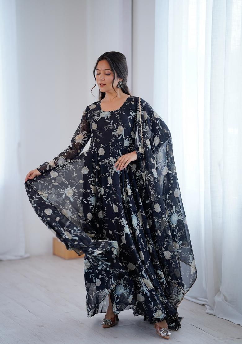 Black Printed Georgette Gown With Dupatta - Indya