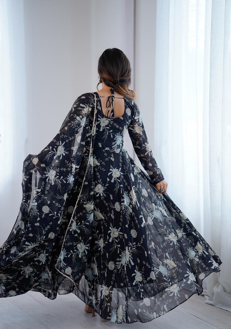 Black Printed Georgette Gown With Dupatta - Indya