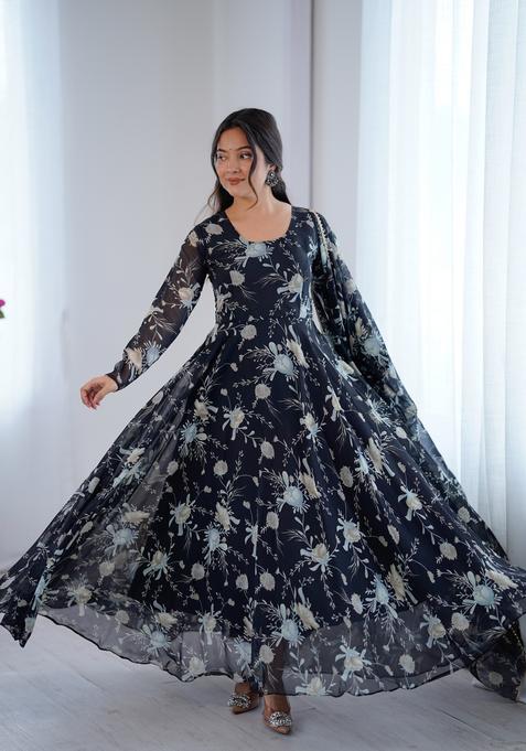 Black Printed Georgette Gown With Dupatta