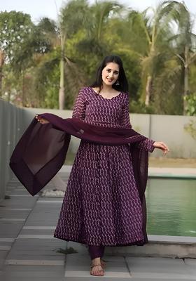 Purple Printed Georgette Gown With Dupatta