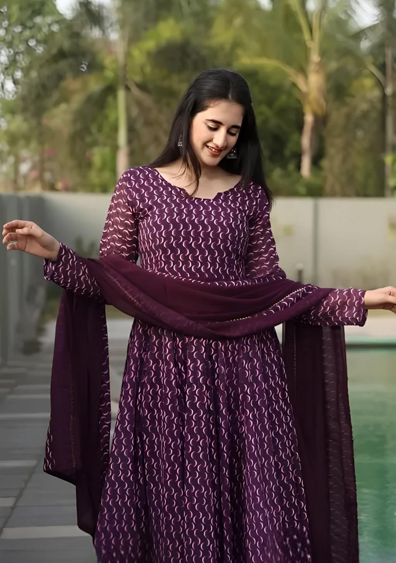 Purple Printed Georgette Gown With Dupatta - Indya