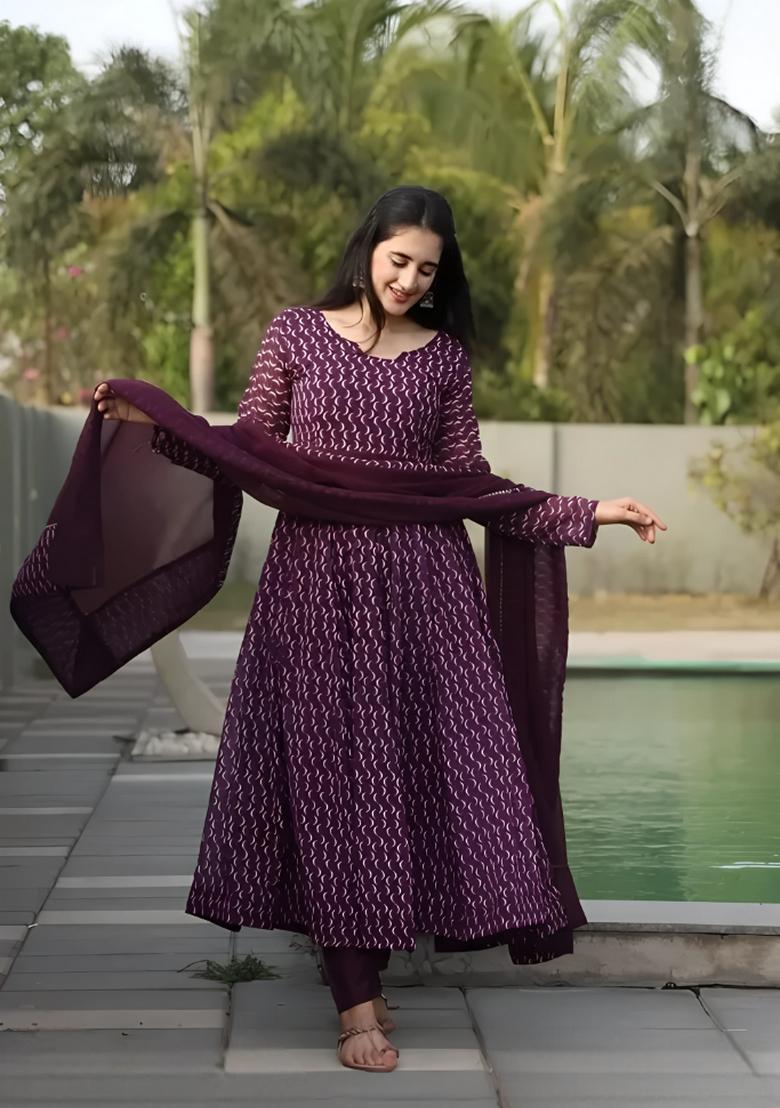 Purple Printed Georgette Gown With Dupatta - Indya