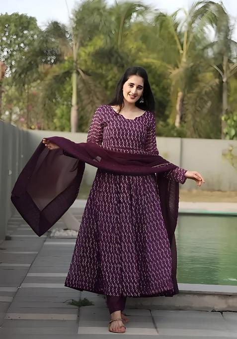 Purple Printed Georgette Gown With Dupatta