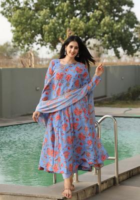 Blue Printed Georgette Gown With Dupatta