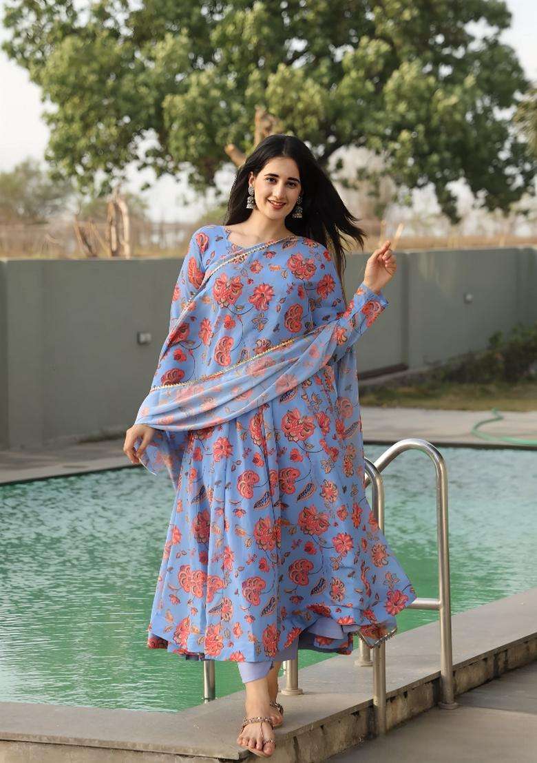 Blue Printed Georgette Gown With Dupatta - Indya