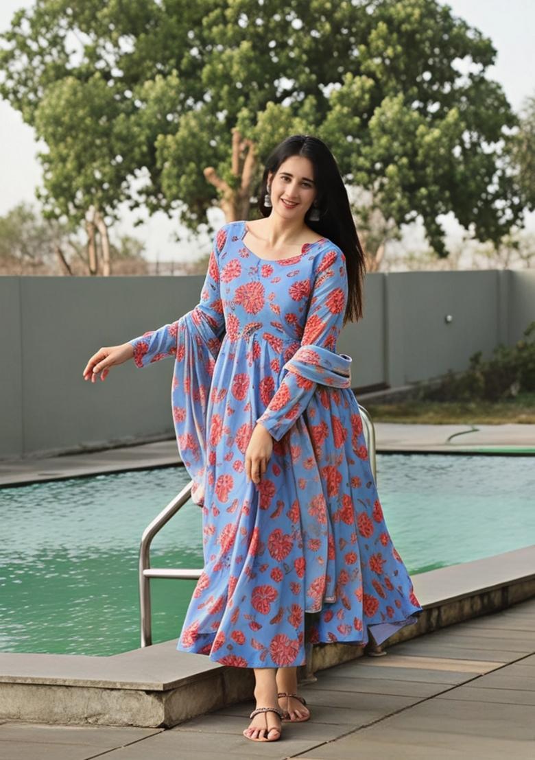 Blue Printed Georgette Gown With Dupatta - Indya