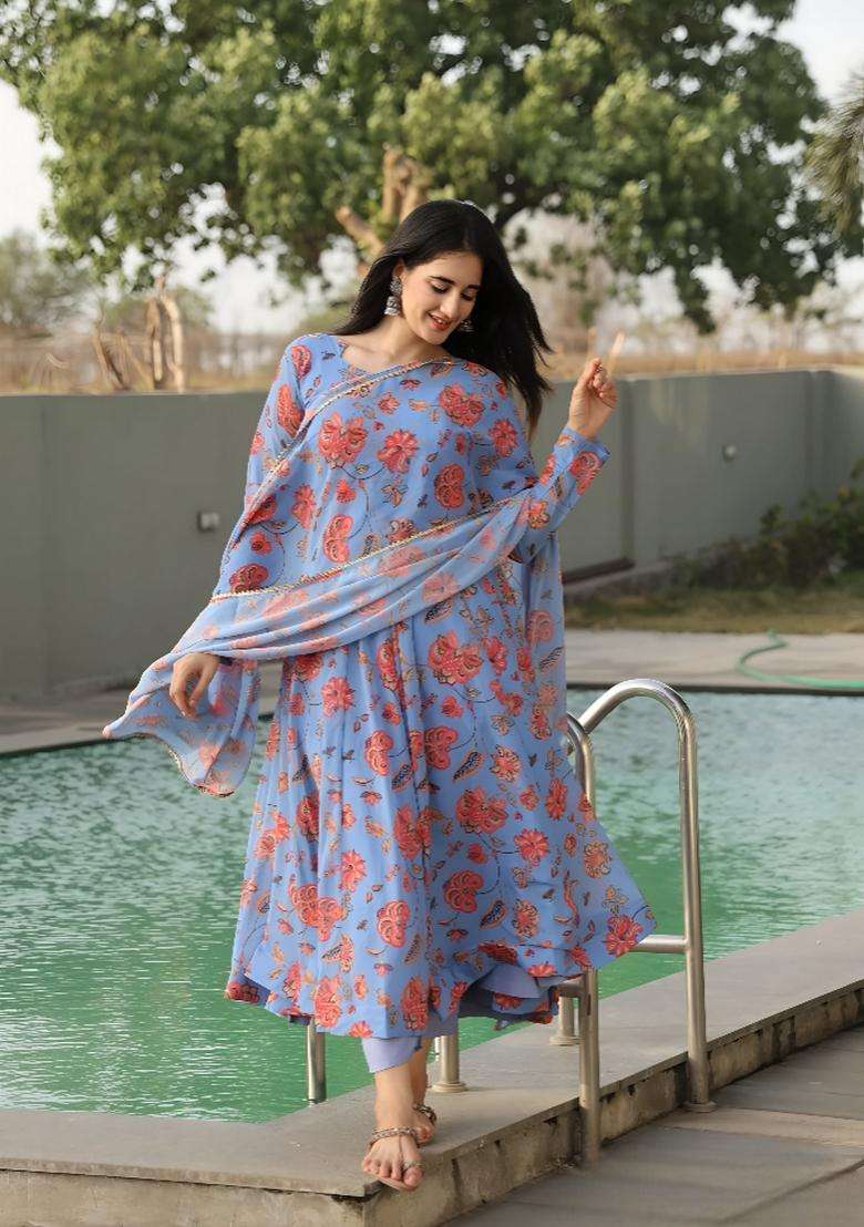 Blue Printed Georgette Gown With Dupatta - Indya