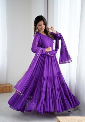 Purple Printed Georgette Gown With Dupatta