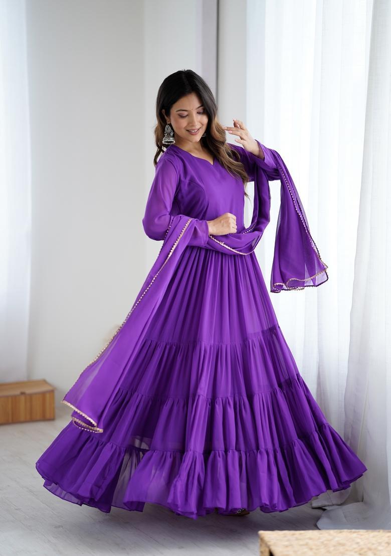 Purple Printed Georgette Gown With Dupatta - Indya