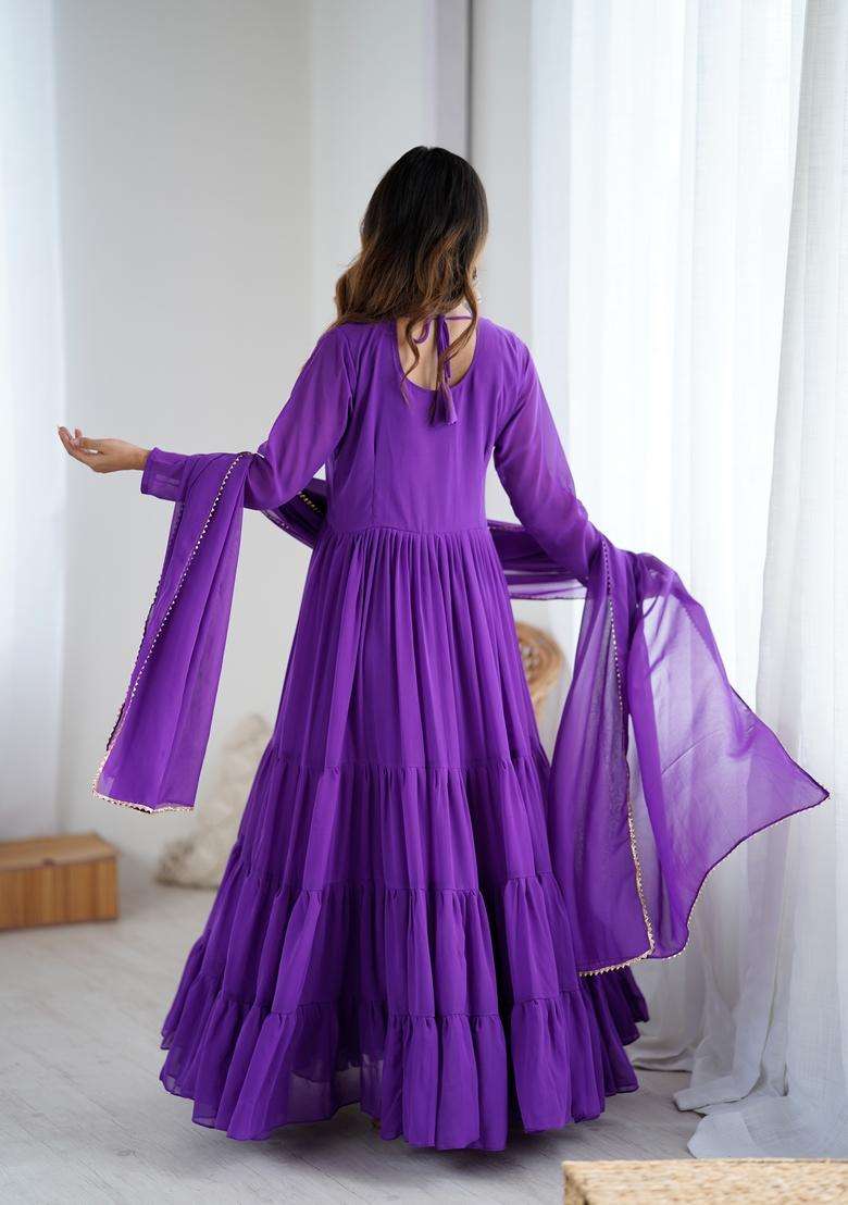 Purple Printed Georgette Gown With Dupatta - Indya