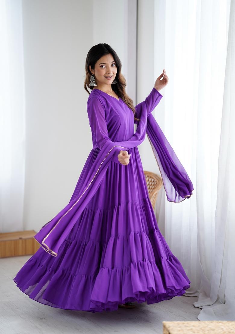 Purple Printed Georgette Gown With Dupatta - Indya