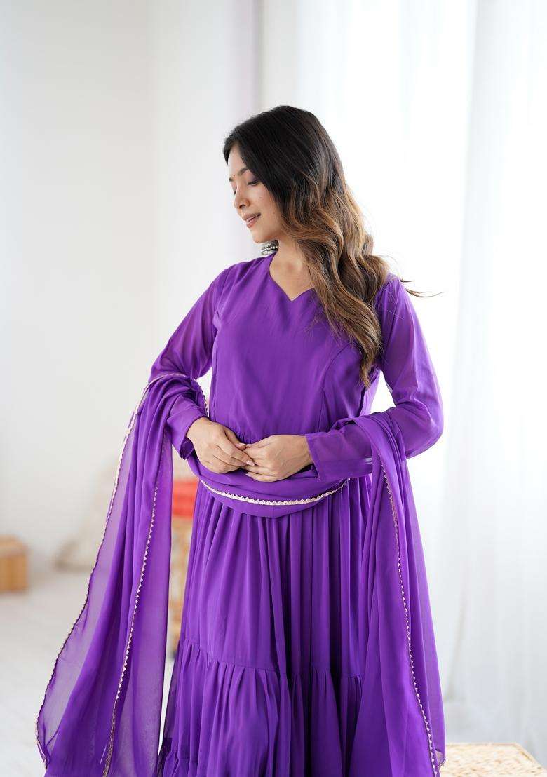Purple Printed Georgette Gown With Dupatta - Indya