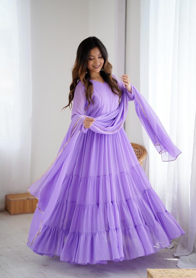 Lavender Printed Georgette Gown With Dupatta - Indya