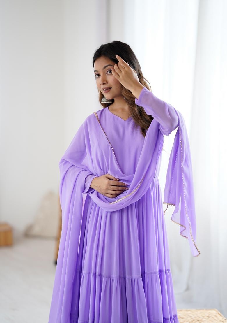 Lavender Printed Georgette Gown With Dupatta - Indya