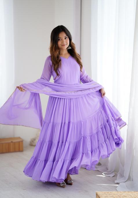 Lavender Printed Georgette Gown With Dupatta