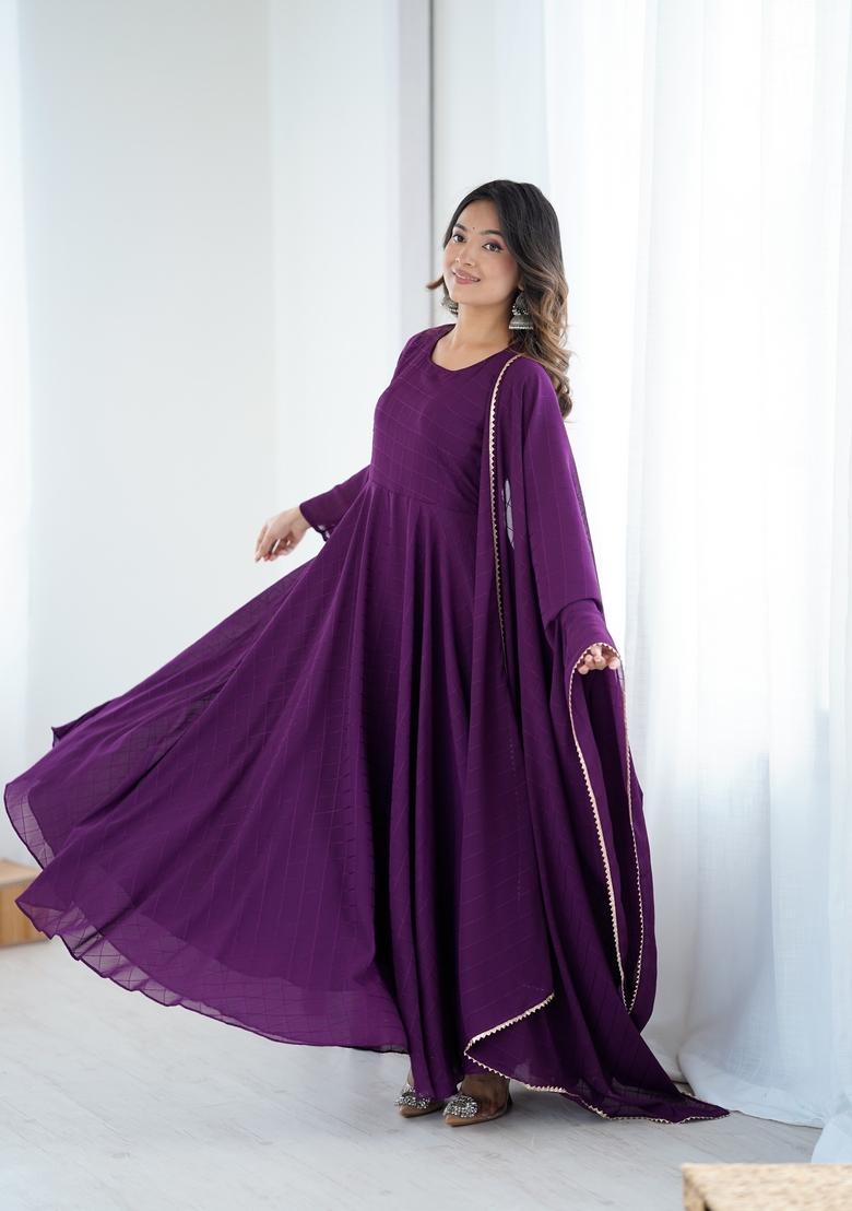 Purple Printed Georgette Gown With Dupatta - Indya
