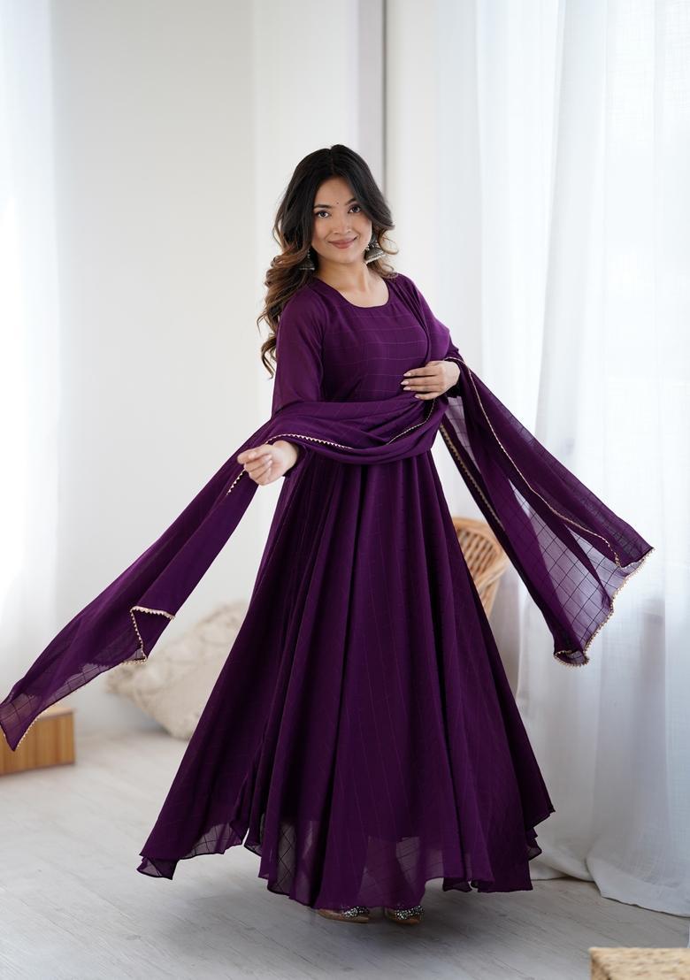 Purple Printed Georgette Gown With Dupatta - Indya