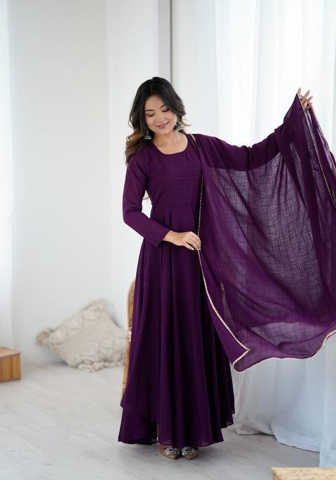 Purple Printed Georgette Gown With Dupatta