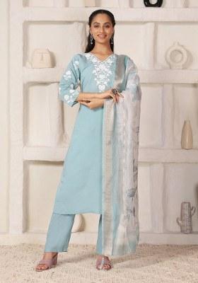 Sky Blue Embroidered Chanderi Kurti Set