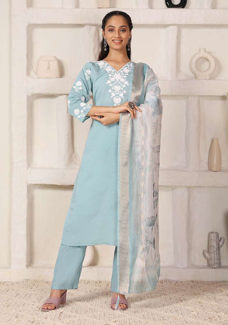 Sky Blue Embroidered Chanderi Straight Kurta Set - Indya