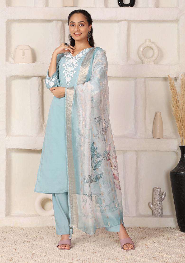 Sky Blue Embroidered Chanderi Kurti Set - Indya
