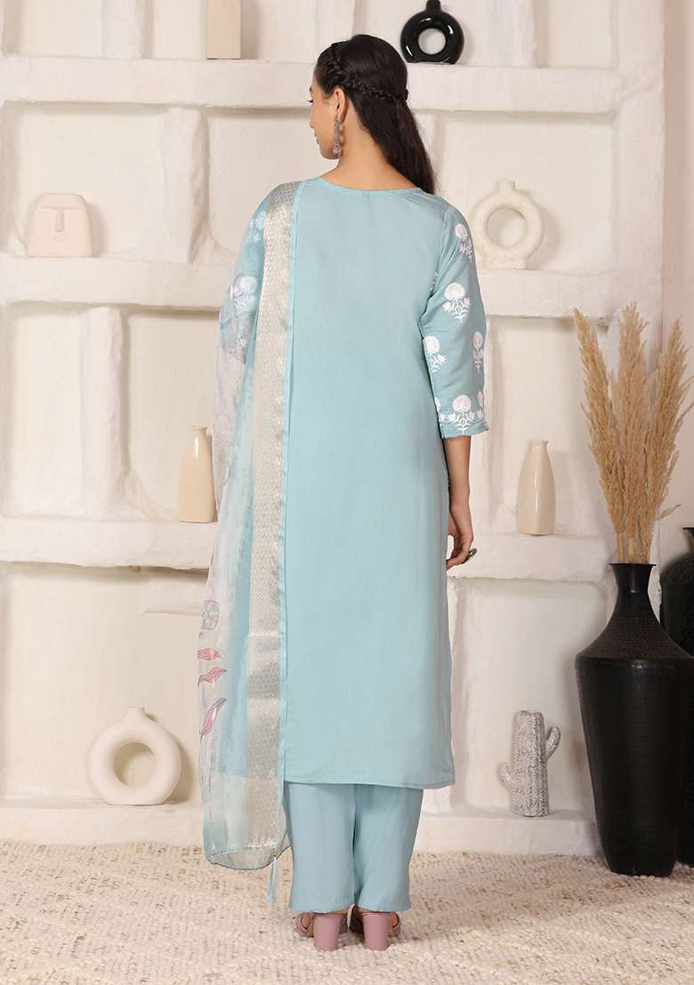 Sky Blue Embroidered Chanderi Straight Kurta Set - Indya