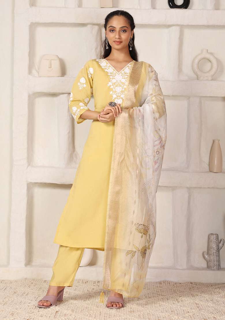 Yellow Embroidered Chanderi Straight Kurta Set - Indya