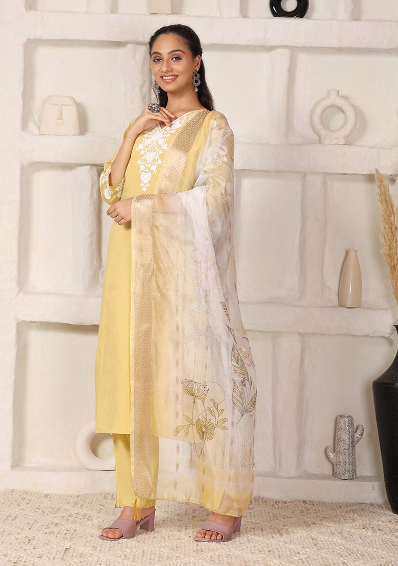 Yellow Embroidered Chanderi Kurti Set - Indya