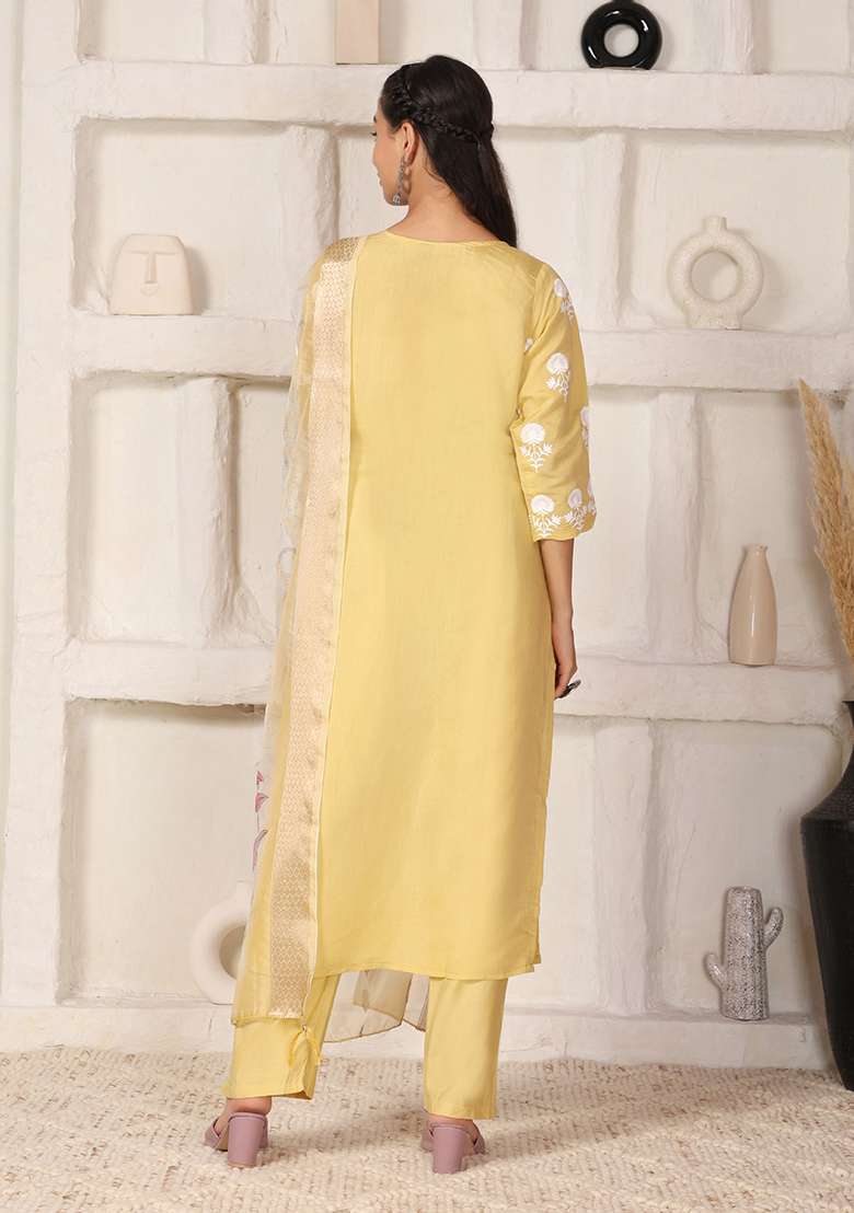 Yellow Embroidered Chanderi Straight Kurta Set - Indya